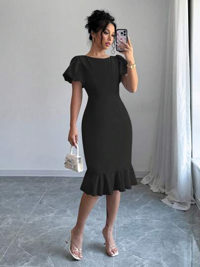 Selianne Vestido ajustado de unicolor elegante con volantes en el bajo, para verano