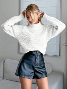 EURMUSE Women Solid Color Diamond Pattern Turtleneck Pullover - White - View 2