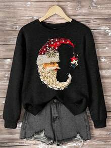 SHEIN EZwear Autumn Winter Santa Claus 3D Graphic Patchwork Moon Pattern Loose Casual Crew Neck Sweatshirt - Black - View 3