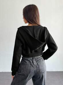 SHEIN PETITE Áo hoodie crop top tay dài Y2K có khóa kéo cho mùa thu/đông - màu đen - Xem 2