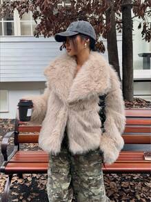 SHEIN EZwear 秋冬女士蓬蓬领短款夹克 - 杏色 - 查看 3