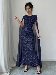 Elenzga 圆领亮片斗篷修身长裙超长女装 - 藏蓝色 - 查看 5