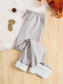 SHEIN Tween Girls' Fashion Versatile Bow Decor Simple Casual Fleece Leggings For Fall & Winter - Grey - View 1