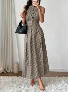 SHEIN Clasi Women's Unique French Style Linen Black & White Plaid 3D Cut Pleated Vest And Skirt 2pcs Set, Spring/Summer - Coffee Brown - View 1