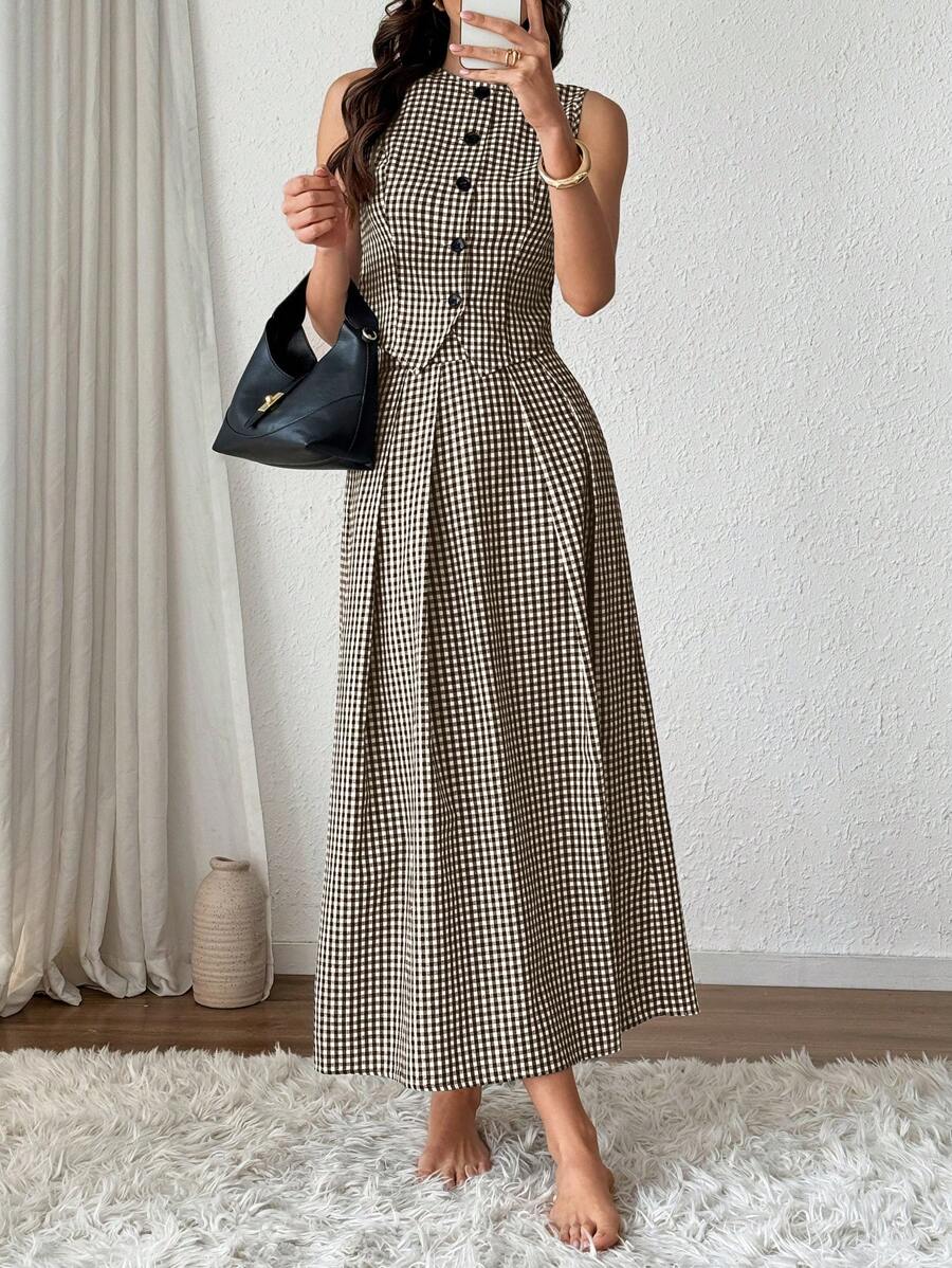 SHEIN Clasi Women's Unique French Style Linen Black & White Plaid 3D Cut Pleated Vest And Skirt 2pcs Set, Spring/Summer - Coffee Brown - View 1