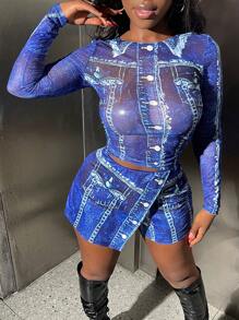 BamGleam Set di pantaloncini e camicia a maniche lunghe con stampa effetto jeans alla moda