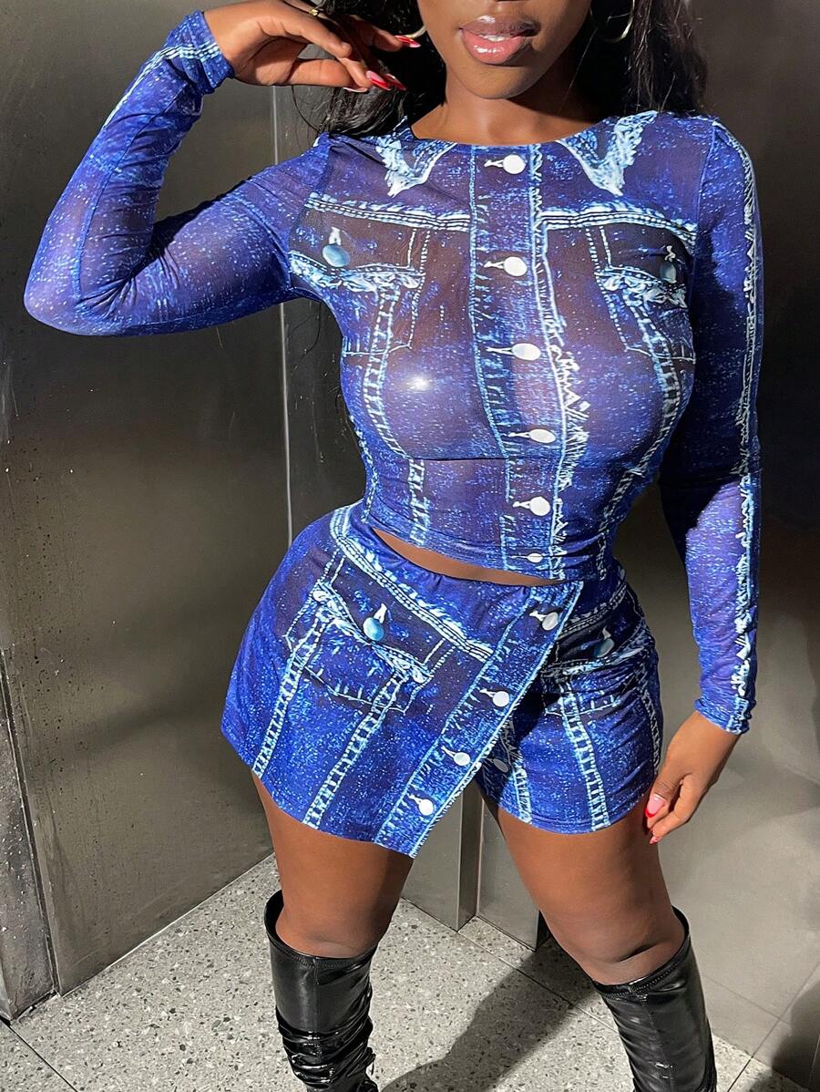 BamGleam Set di pantaloncini e camicia a maniche lunghe con stampa effetto jeans alla moda