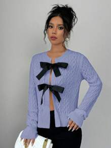 SHEIN Unity كارديجان قصير بأكمام طويلة للنساء مزين بفيونكة للخريف والشتاء - الأزرق - مشاهدة 4