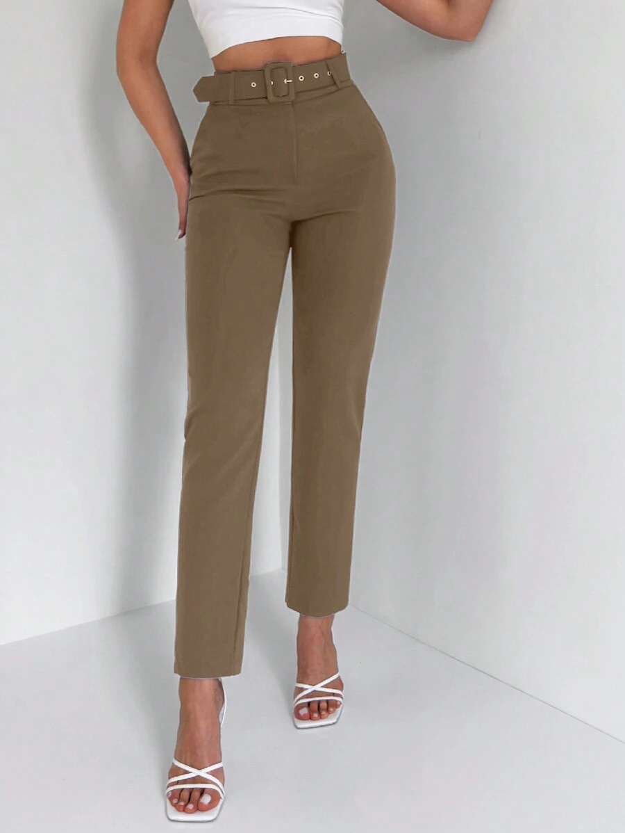 EURMUSE Women Plain Eyelet & Buttoned Waist Straight Leg Casual Pants - Khaki - View 1