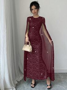 Elenzga 女士优雅亮片装饰圆领长款紧身连衣裙，秋季勃艮第红长款女装 - 酒紅色 - 查看 1