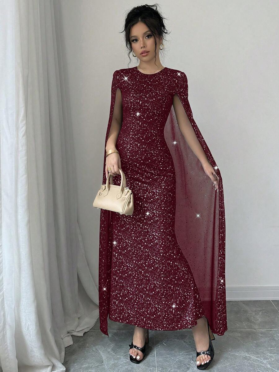 Elenzga 女士优雅亮片装饰圆领长款紧身连衣裙，秋季勃艮第红长款女装 - 酒紅色 - 查看 1