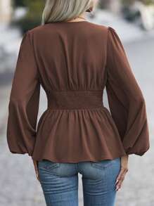 SHEIN Clasi 女士纯色重叠 V 领灯笼袖褶皱腰优雅衬衫，秋季荷叶边上衣 - 棕色 - 查看 2