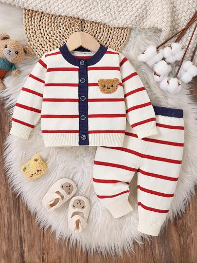 2 件套男婴时尚可爱通用熊条纹开衫和针织裤套装，适合秋冬季