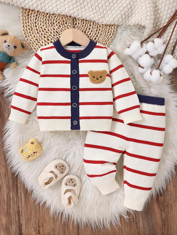 Conjunto de 2 piezas de suéter con rayas de oso lindo y pantalones de punto para bebé niño, adecuado para otoño/invierno