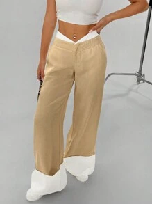 SHEIN Unity 女式阔腿设计高端休闲裤带口袋 - 卡其色 - 查看 6