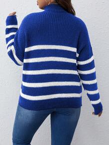 SHEIN Franclia Plus Size Women Half Turtleneck Striped Knit Sweater, Casual Style For Autumn/Winter