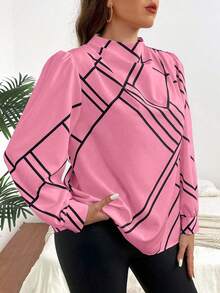 Celure Plus Size Women Casual Patchwork Print Funnel Neck Puff Sleeve Blouse, Spring/Autumn - Pink - View 7