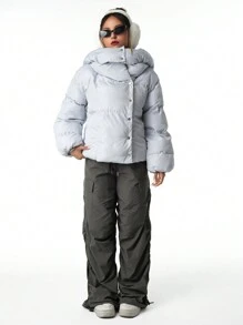 SHEIN 少女 2024 秋冬新款休闲街头风保暖短款棉服外套 - 灰色 - 查看 7