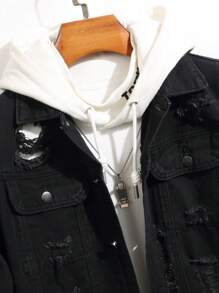 Manfinity Homme Men's Solid Color Front Button Ripped Casual Long Sleeve Denim Jacket, For Fall