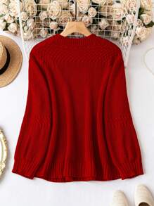 Áo len nữ cỡ lớn, dệt kim trơn, cổ tròn, tay phồng, kiểu dáng tối giản, thích hợp cho mùa Thu/Đông. - Đỏ - Xem 2
