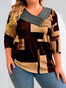 EMERY ROSE 大码拼接纽扣装饰长袖休闲T恤，印花图案，女士春季上衣 - 彩色 - 查看 6