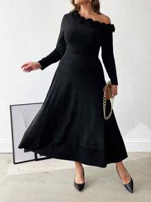 SHEIN Clasi Set de 2 vestidos asimétricos de punto liso y floral para mujer de talla grande, elegantes para el otoño