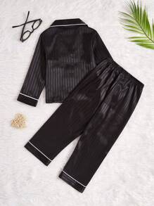 2 件套少女睡衣套装，粉色条纹心形刺绣长袖上衣和裤子，休闲舒适的家居服 - 黑色 - 查看 2