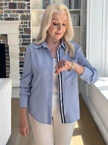 EMERY ROSE Classic Webbing Decor Striped Long Sleeve Women Shirt