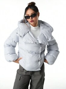 SHEIN 少女 2024 秋冬新款休闲街头风保暖短款棉服外套 - 灰色 - 查看 3