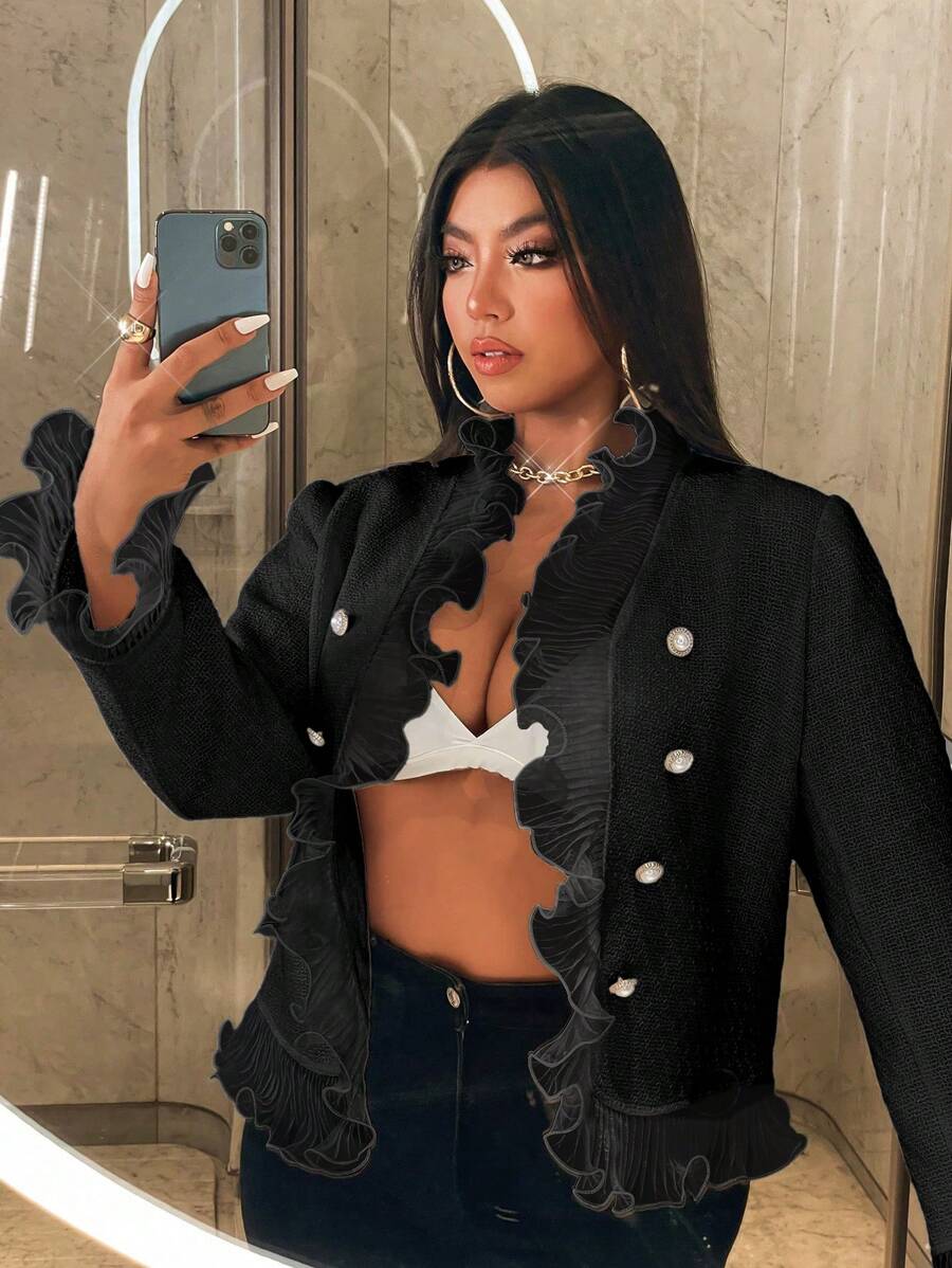 Celure Plus Size Elegant Plain Color Ruffle Collar Double Breasted Jacket, Autumn - Black - View 1