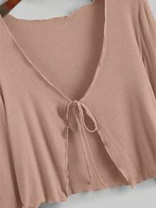 Calvaya Plus Size Women Solid Ribbed Lettuce Trim Front Tie Cropped Top - Dusty Pink - View 3