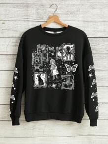 SHEIN LUNE Plus Size Fantasy Girl Print Fleece Sweatshirt For Women, Suitable For Autumn And Winter