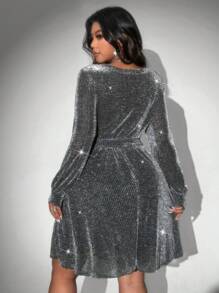 Viva Relle Plus Size Casual Glitter Elegant V-Neck Waist Cinched Dress For Autumn
