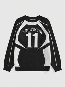 ROMWE MEN Street Life Men's Crew Neck Raglan Racing Number Knit Sweater - Black and White - View 1