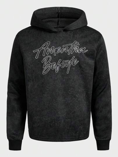 Street Life Men's Washed Rhinestone Letter Print Hooded Sweatshirt, Autumn/Winter