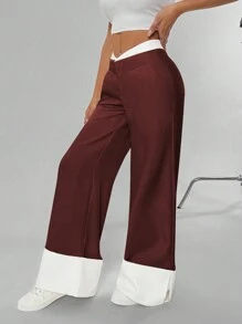 SHEIN Unity Women's Autumn Casual Contrast Color Slant Pocket Wide Leg Trouser - Burgundy - View 3