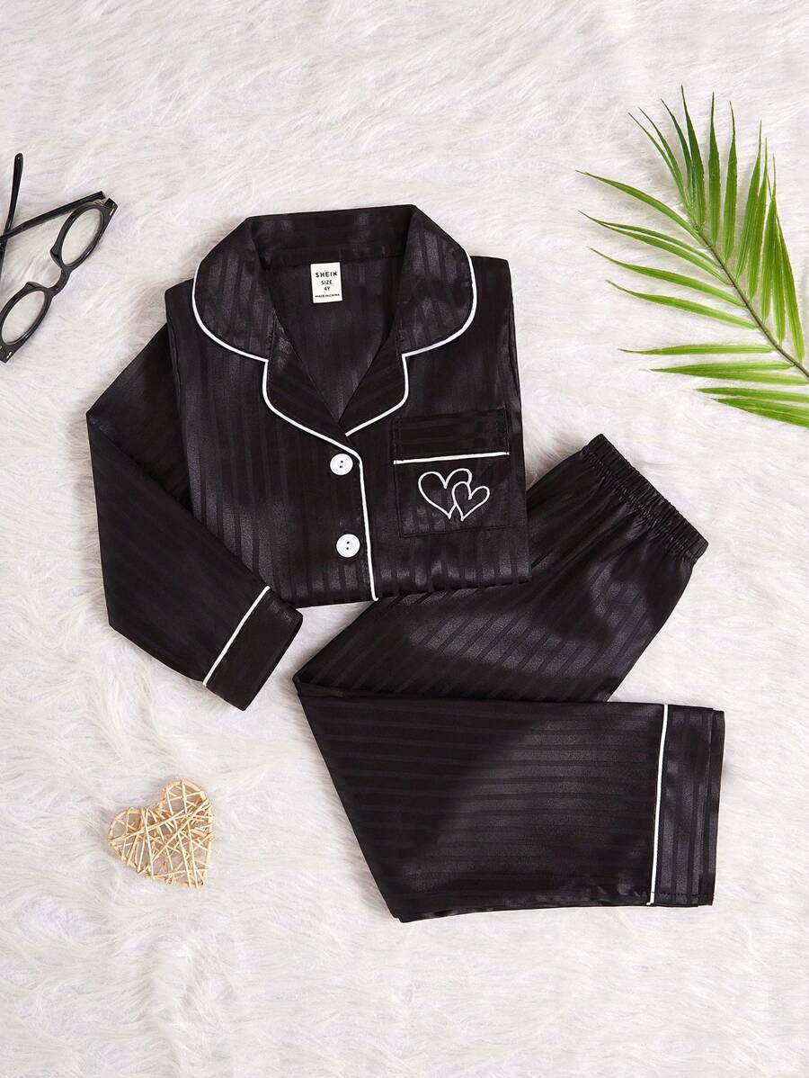 2 件套少女睡衣套装，粉色条纹心形刺绣长袖上衣和裤子，休闲舒适的家居服 - 黑色 - 查看 1