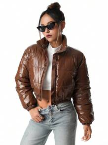 SHEIN 2024 秋冬青少年女孩优雅天鹅绒领子棉服外套 - 黑色 - 查看 6