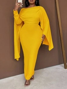 Maweii Váy dài tay bó sát thanh lịch viền bất đối xứng cỡ lớn cho nữ, trang phục Maxi mùa thu cho nữ - Màu vàng - Xem 4