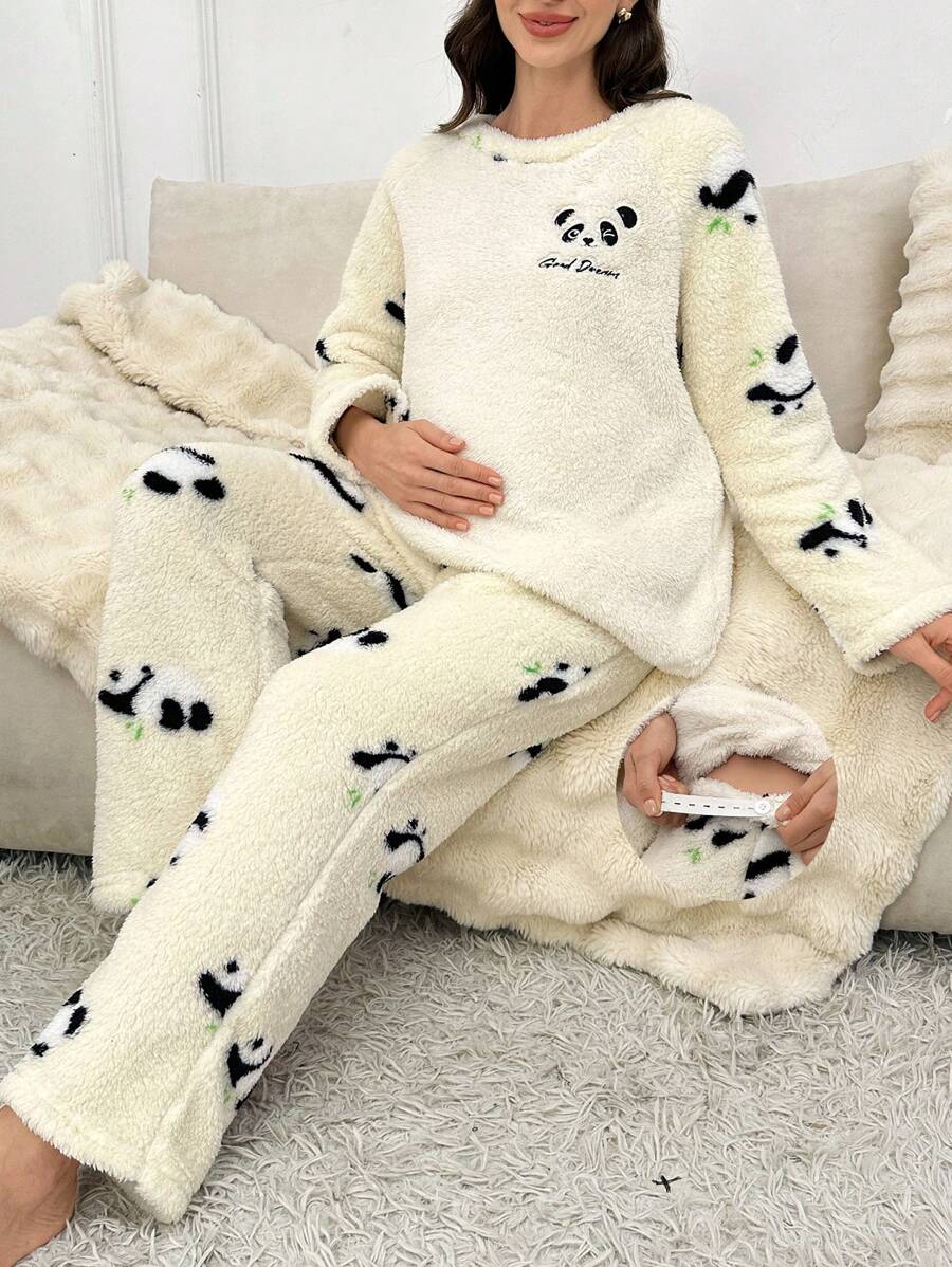Cute Panda Print Plush Maternity Pajama Set