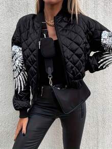 Calvaya Contrast Color Wing Sequin Patchwork Quilted  Long Sleeve Jacket Fall Winter Cloth For Women