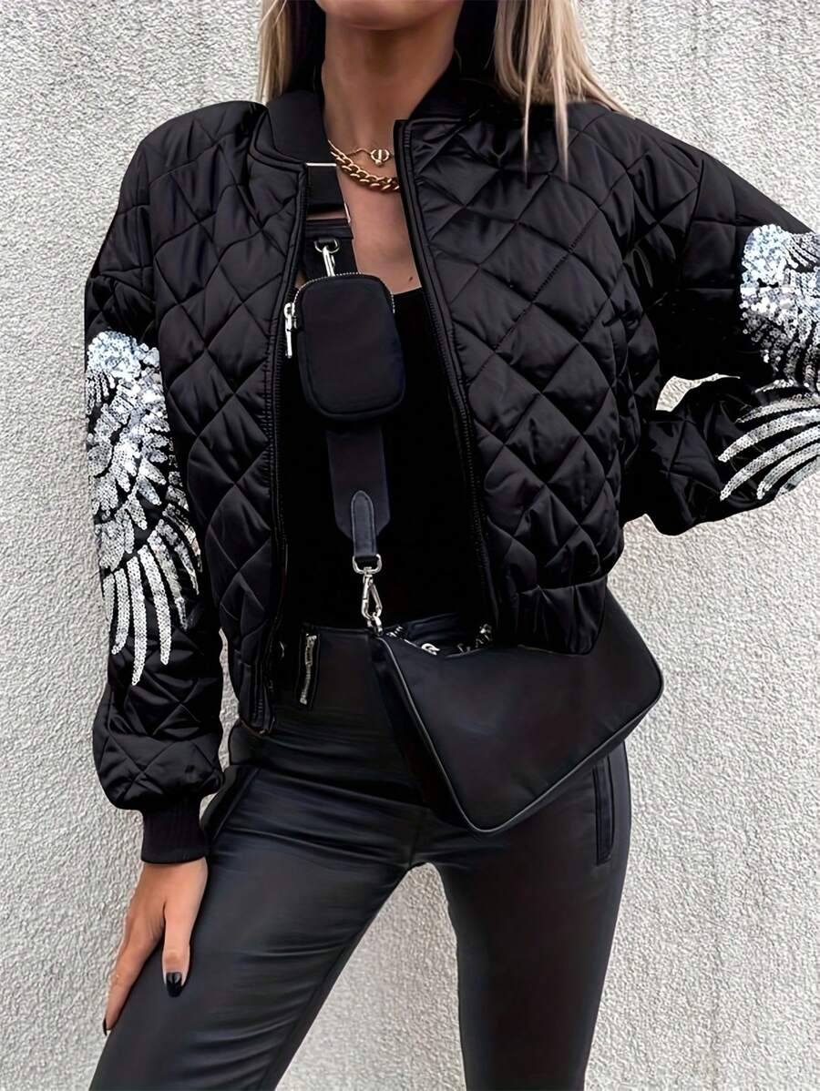 Calvaya Contrast Color Wing Sequin Patchwork Quilted  Long Sleeve Jacket Fall Winter Cloth For Women