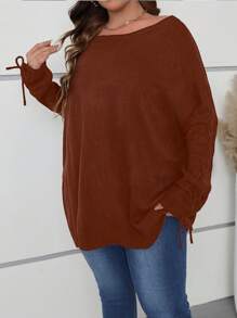 SHEIN LUNE Damen Pullover in Große Größen, einfarbig, gestrickt, lässig, locker, bequem, Bootsausschnitt, Bindedetail, knielang, Herbst/Winter - Rostbraun - Übersicht 3