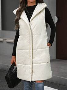 SHEIN LUNE 连帽无袖加厚棉服外套带口袋，冬季保暖服装 - 杏色 - 查看 5