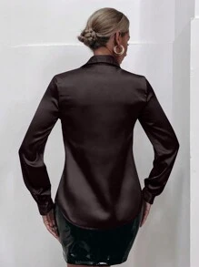 SHEIN Clasi 女士纯色休闲长袖衬衫，秋季 - 巧克力棕 - 查看 2