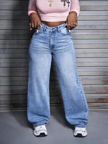 SHEIN Slayr Quần Jeans Ống Thẳng Lưng Cao Thường Ngày Có Túi Cho Nữ - Rửa nhẹ - Xem 6