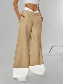 SHEIN Unity 女式阔腿设计高端休闲裤带口袋 - 卡其色 - 查看 1