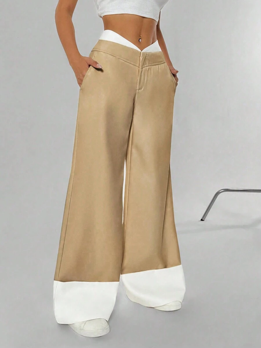 SHEIN Unity 女式阔腿设计高端休闲裤带口袋 - 卡其色 - 查看 1