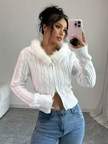 Chiquease Áo khoác cardigan lông trùm đầu tay dài màu trơn cổ khóa kéo thường ngày cho nữ, mùa thu/đông - Màu be - Xem 7