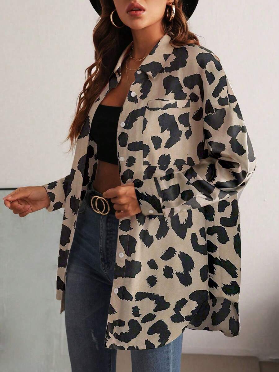 Elyressa 女式前扣长袖口袋豹纹衬衫,休闲日常女式衬衫秋季女装 - 卡其色 - 查看 1